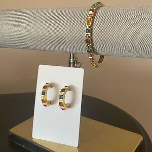 Retro Glam Gold Rainbow Gem Stone Earrings Bracelet Set Costume Jewelry